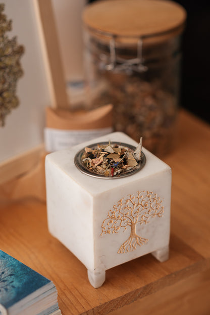 Brûle-encens à la Bougie - Marbre blanc & Arbre de Vie