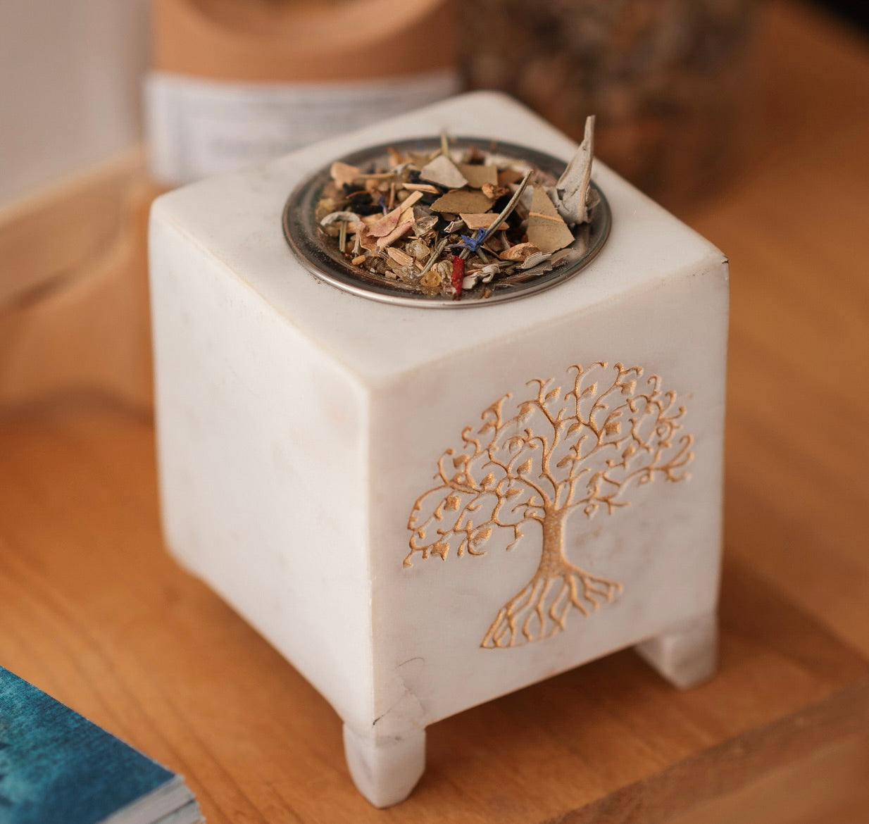 Brûle-encens à la Bougie - Marbre blanc & Arbre de Vie